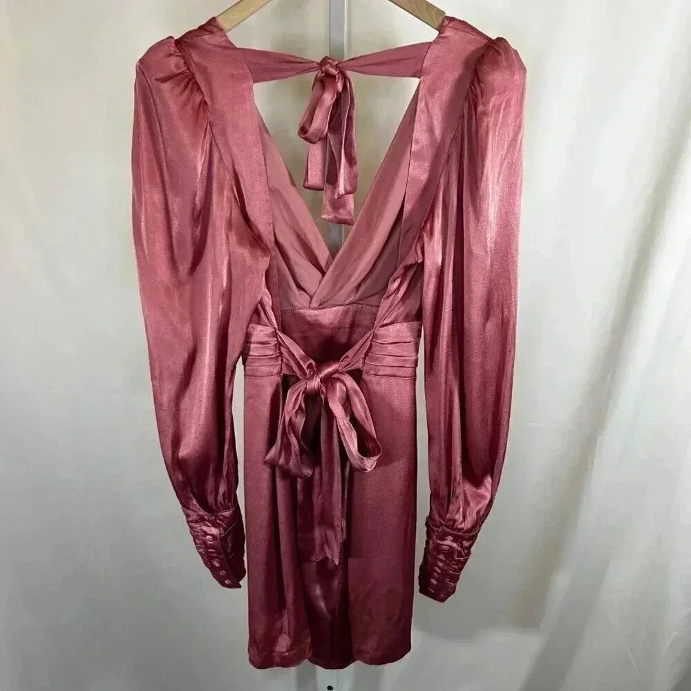 Sur Belle Size 8 Shiny Satin Like Wrap Dress Mini Long Sleeve Party Pink